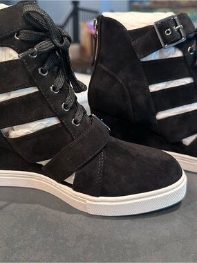 LINEA Paolo Fave-L Black Suede Wedge Sneakers 7.5 NIB